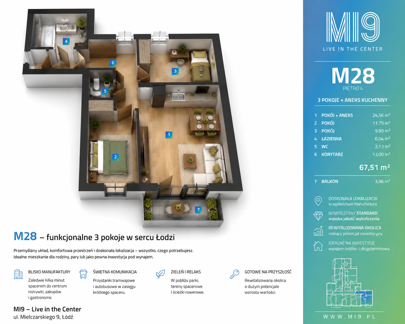 M28 | 67,51 m² | 3 pokoje | Balkon | 4 piętro | MI9 | ul. Mielczarskiego 9 | Blisko Manufaktury