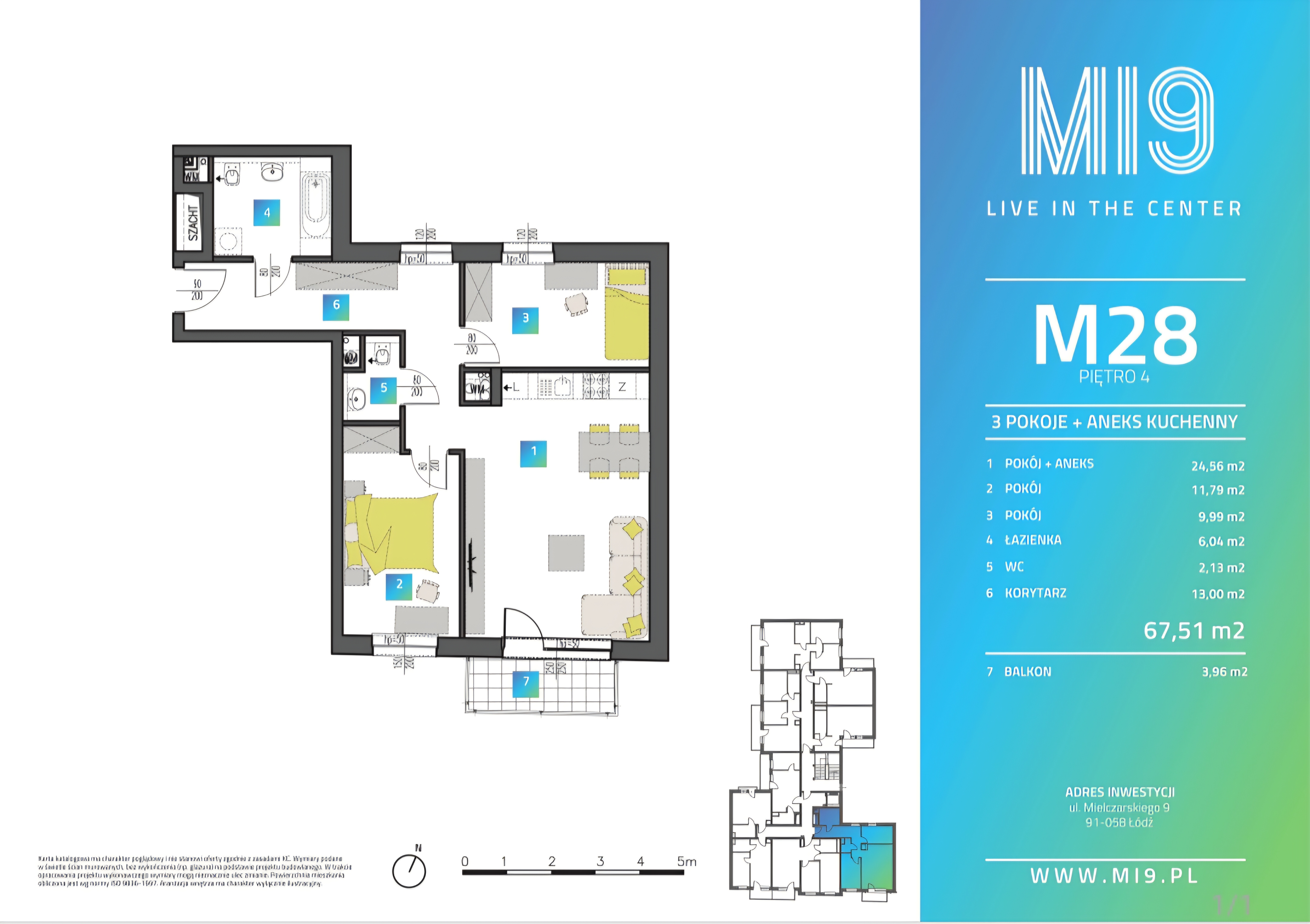 M28 | 67,51 m² | 3 pokoje | Balkon | 4 piętro | MI9 | ul. Mielczarskiego 9 | Blisko Manufaktury