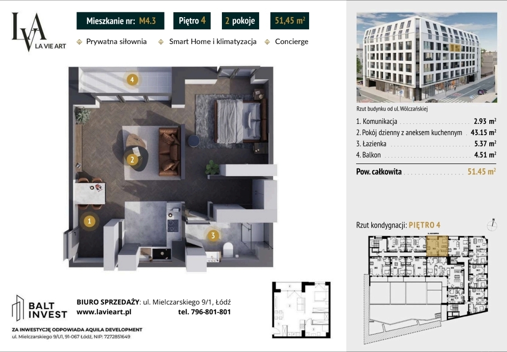 Elegancja codzienności w sercu miasta. Na 51,45 m² stworzono przemyślaną, funkcjonalną przestrzeń obejmującą 2 pokoje, w której nowoczesność spotyka się z codzienną wygodą.