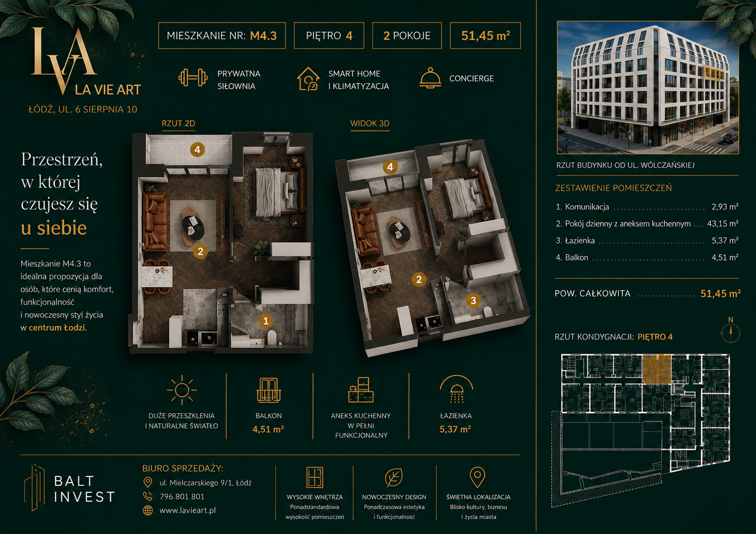 Elegancja codzienności w sercu miasta. Na 51,45 m² stworzono przemyślaną, funkcjonalną przestrzeń obejmującą 2 pokoje, w której nowoczesność spotyka się z codzienną wygodą.