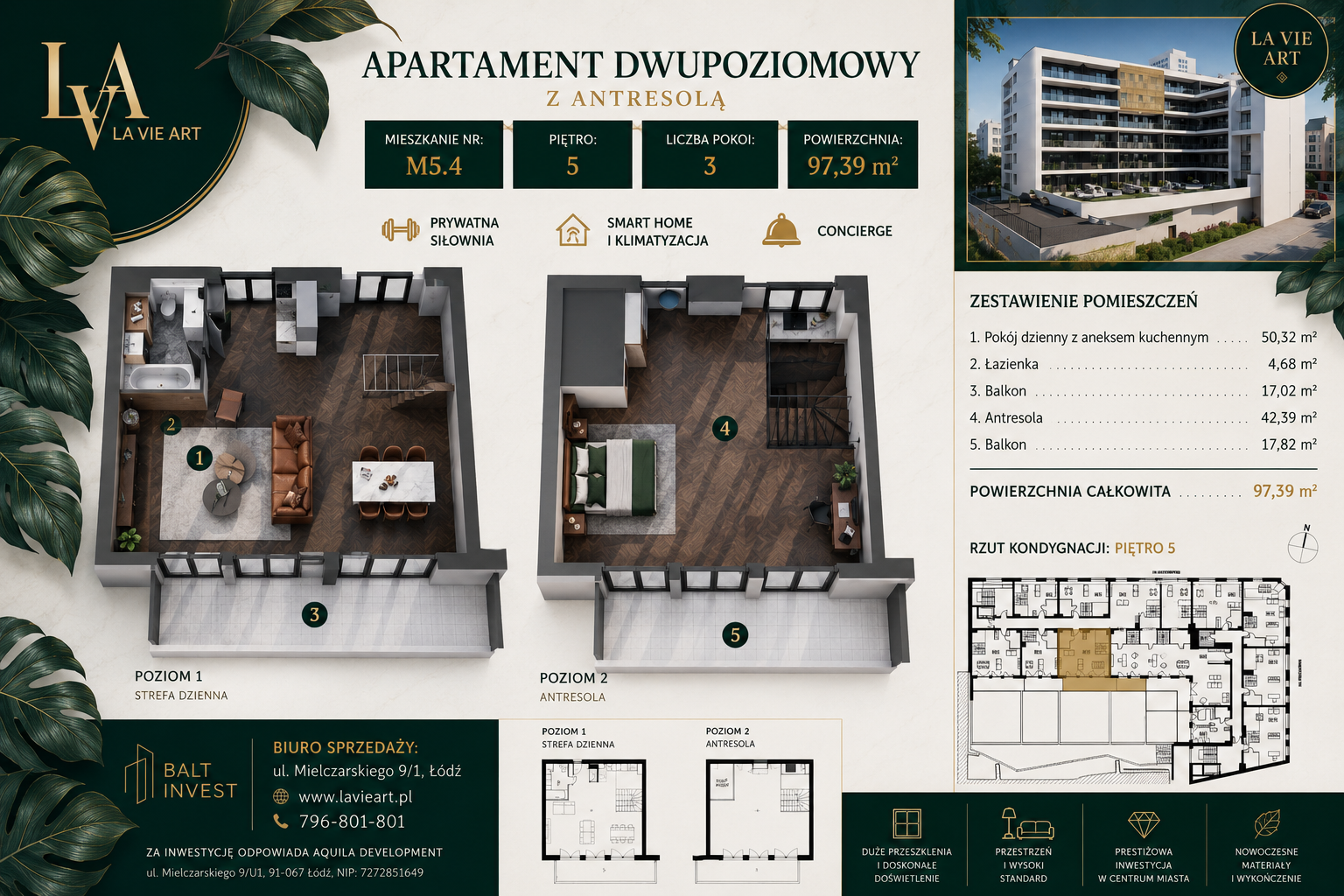 APARTAMENT DWUPOZIOMOWY Z ANTRESOLĄ – 97,39 m² LUKSUSOWEJ PRZESTRZENI