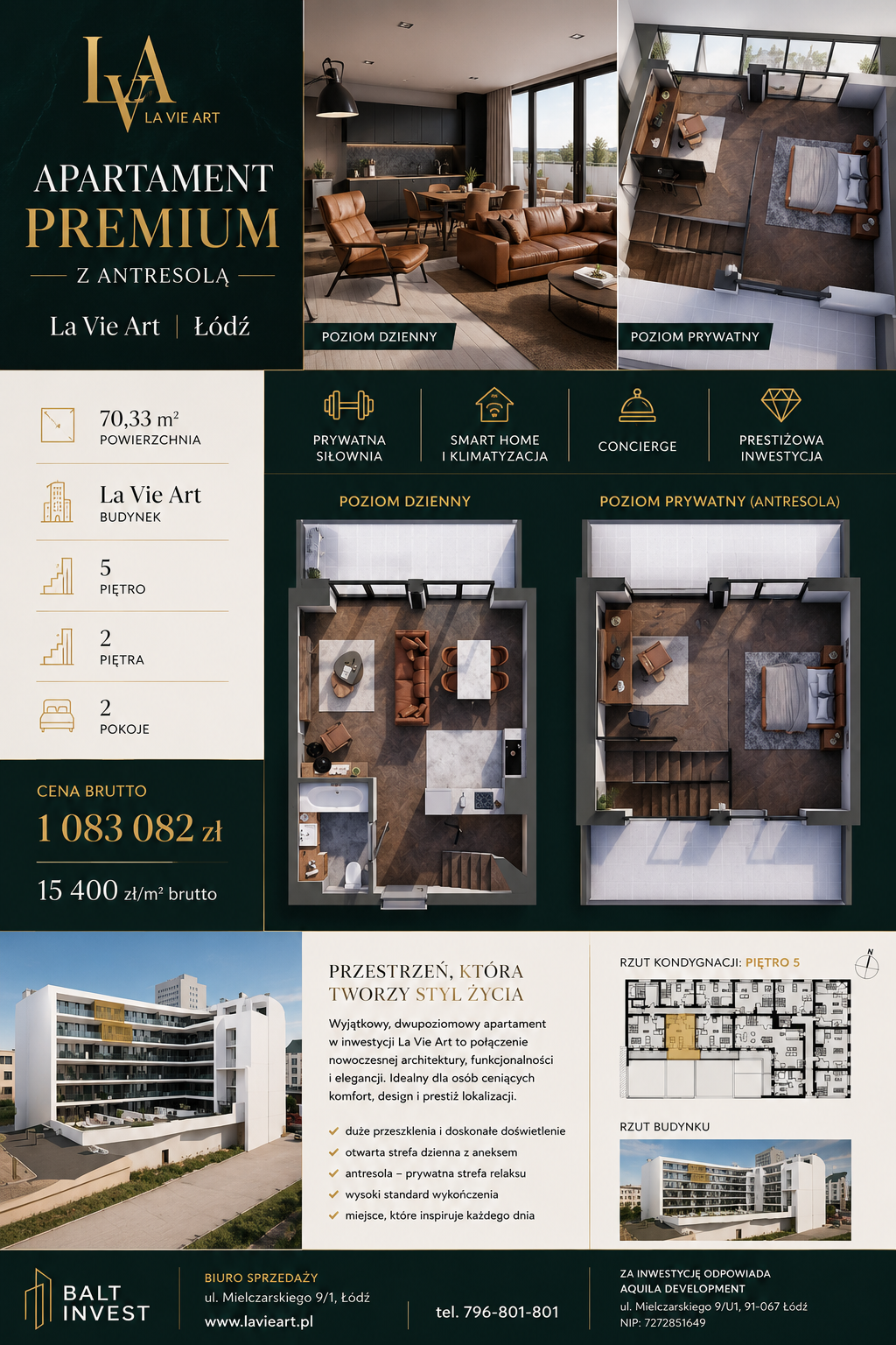 Dwupoziomowy apartament premium z antresolą | La Vie Art | Łódź | 70,33 m² Nowoczesny design, funkcjonalność i styl życia premium w jednym miejscu.