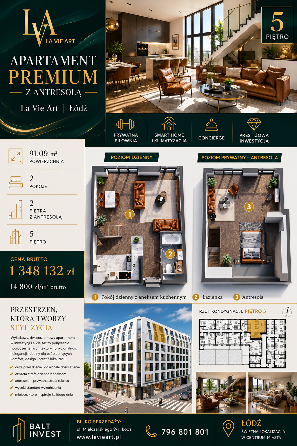Apartament premium z antresolą | La Vie Art | Łódź | 91,09 m² Wyjątkowa przestrzeń, nowoczesna architektura i styl życia premium w samym sercu Łodzi.