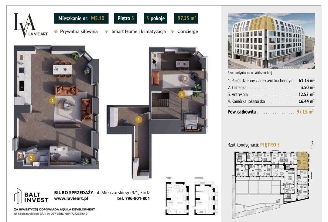 Elegancja, przestrzeń i nowoczesny design w prestiżowym wydaniu. Dwupoziomowy apartament premium z antresolą | La Vie Art | Łódź | 97,15 m²