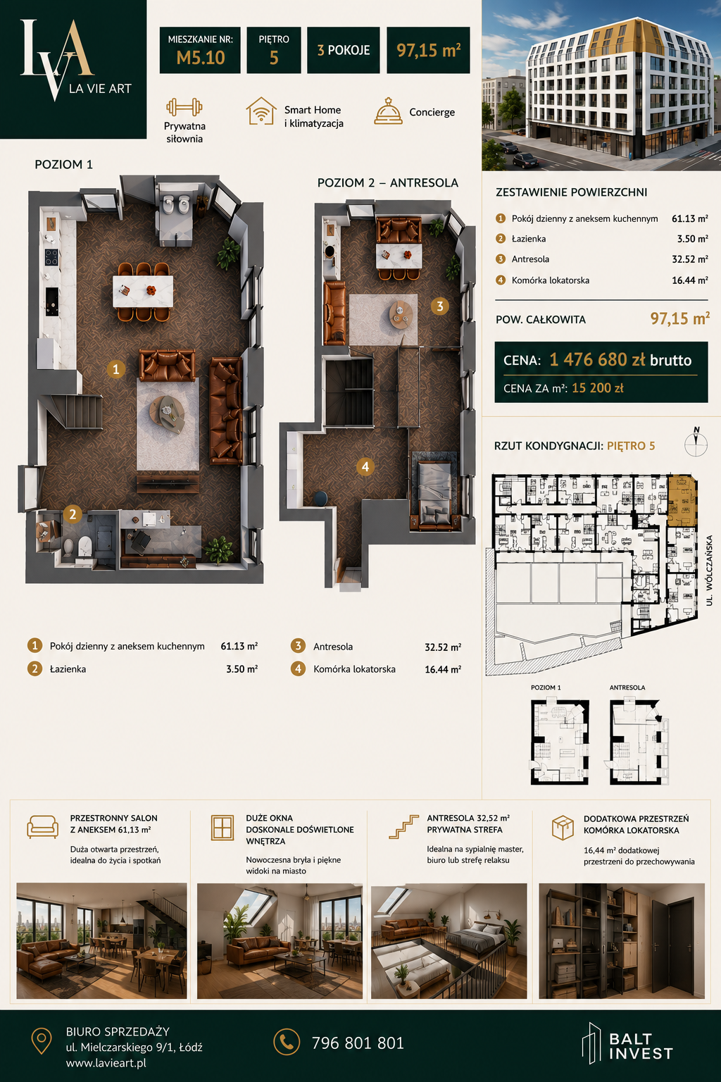 Elegancja, przestrzeń i nowoczesny design w prestiżowym wydaniu. Dwupoziomowy apartament premium z antresolą | La Vie Art | Łódź | 97,15 m²